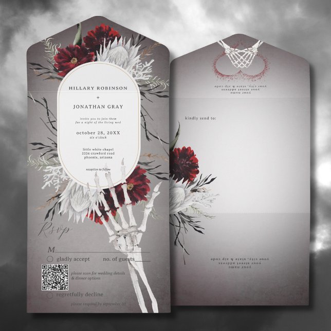 Kärlek & Bones Spooky Red Blommigt Bröllop QR-kod (Love & Bones Spooky Red Floral All In One Wedding Invitation with QR Code)