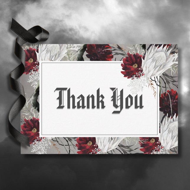 Kärlek & Bones Spooky Red Blommigt Bröllop Tack Kort (Love & Bones Spooky Red Floral Wedding Thank You Card)