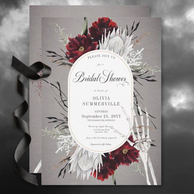 Kärlek & Bones Spooky Red Blommigt Möhippa Inbjudningar (Love & Bones Spooky Red Floral Bridal Shower Invitation)