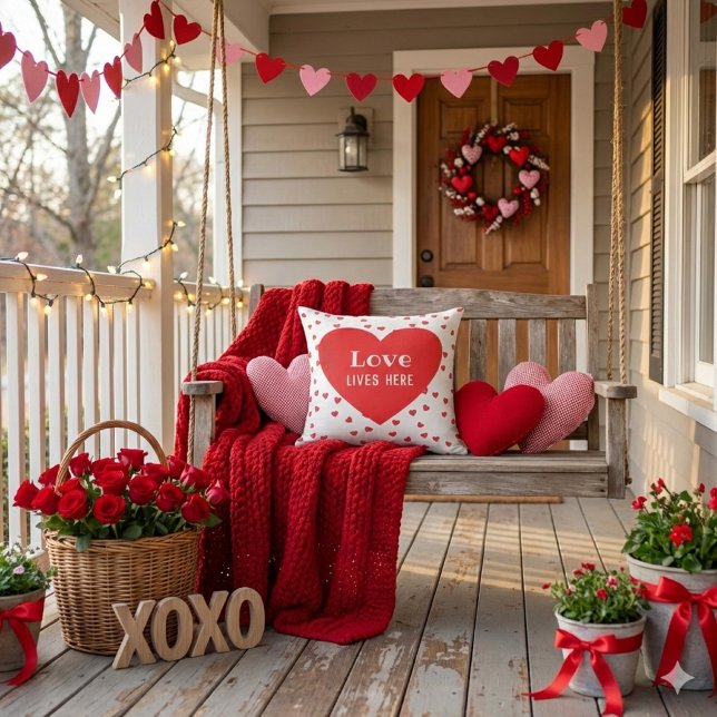 Kärlek Bor Här Alla Hjärtans Dag Kudde (Love Valentine's Day porch pillow.)