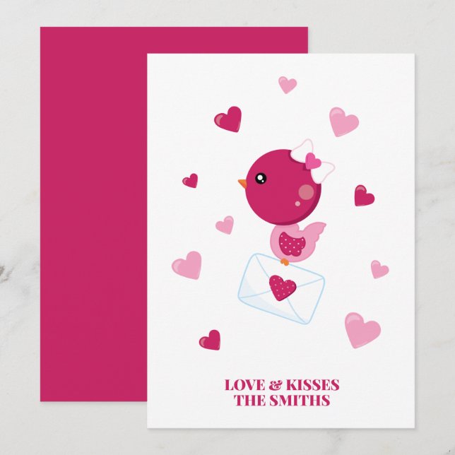 Kärlek Brev Bird Rosa Hearts Valentines Anpassning Julkort (Fram/baksida)