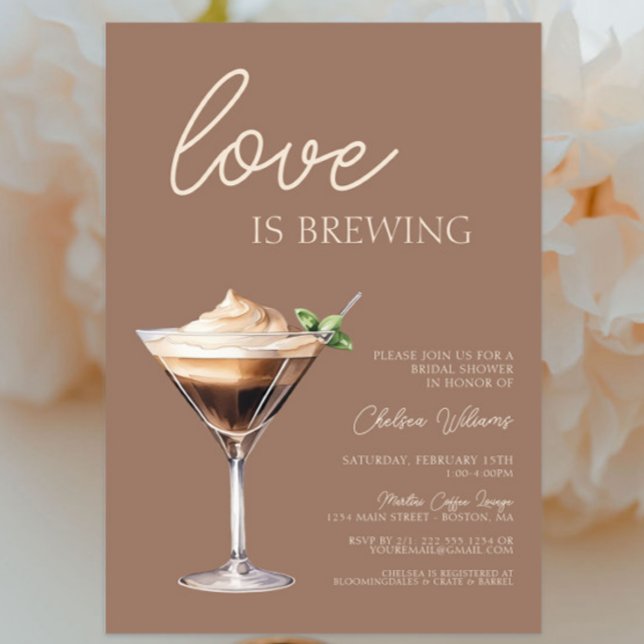 Kärlek bringar Espresso Martini Möhippa Inbjudningar (Love is brewing Espresso Martini Bridal Shower Invitation, Bridal Brunch, Brown, Modern Chic Trendy)