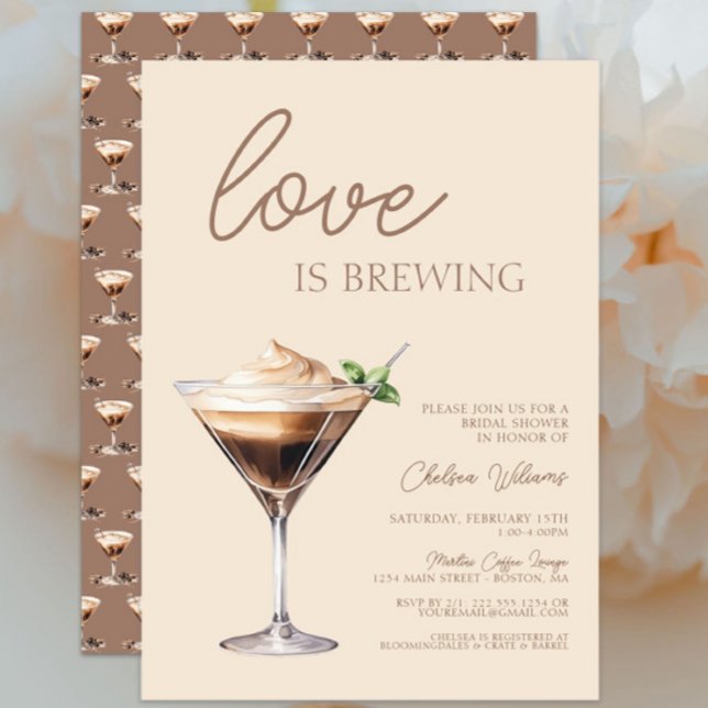 Kärlek bringar Espresso Martini Möhippa Inbjudningar (Love is brewing Espresso Martini Bridal Shower Invitation, Bridal Brunch, Brown, Modern Chic Trendy)