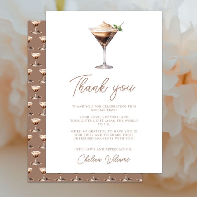 Kärlek bringar Espresso Martini Möhippa Tack Kort (Love is Brewing Espresso Martini Bridal Shower Thank You Card, Elegant Chic Modern, Mocha Brown)