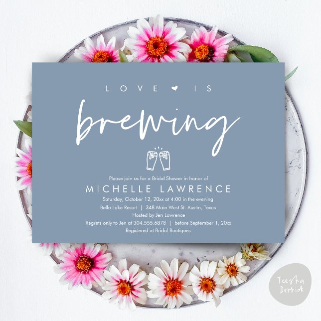 Kärlek brinner, Avslappnad Beer Party Möhippa Inbjudningar (Love is brewing, Modern Casual Romantic Beer Party Bridal Shower Invitation Card, PDF, Dusty Blue)