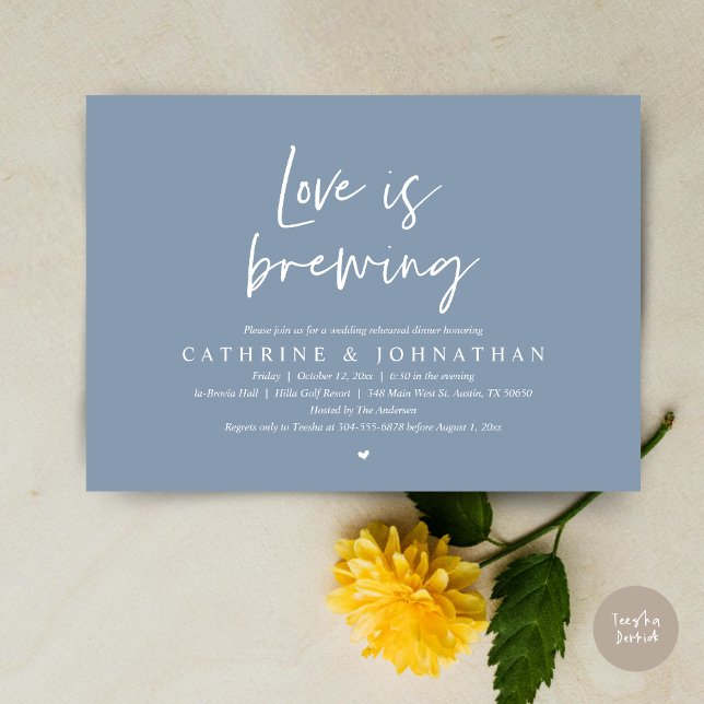 Kärlek brinner, Bröllop Rehearsal Dinner Invati Inbjudningar (Love is Brewing, Wedding Rehearsal Invitation Card, pdf, Beer Wine Party, in Dusty Blue)