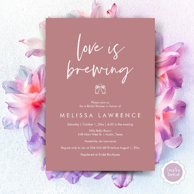 Kärlek brinner, Elegance Möhippa Beer Party Inbjudningar (Love is brewing, Modern Elegance Bridal Shower Beer Party Invitation Card, PDF, in Dusty Rose Pink)