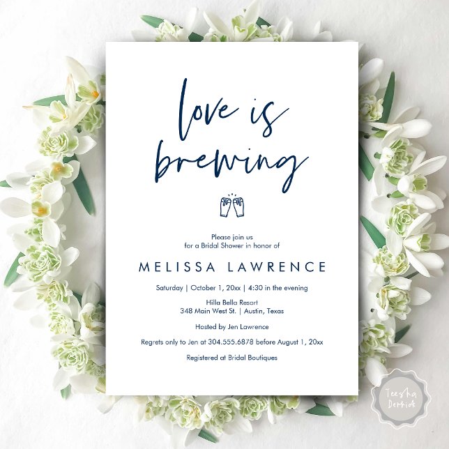 Kärlek brinner, Elegance Möhippa Beer Party Inbjudningar (Love is brewing, Modern Elegance Bridal Shower Beer Party Invitation Card, PDF, in Navy Blue)
