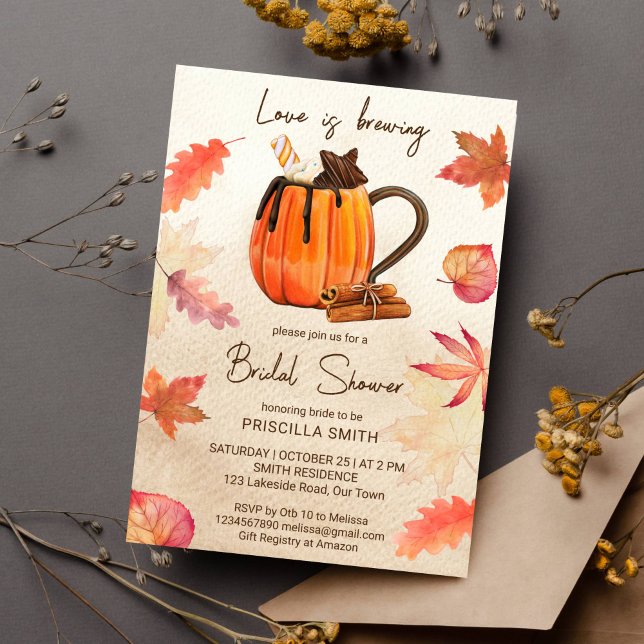Kärlek brinner hösthösten möhippa inbjudningar (Love is brewing fall in love bridal shower template invitation instant download pumpkin spices maple)