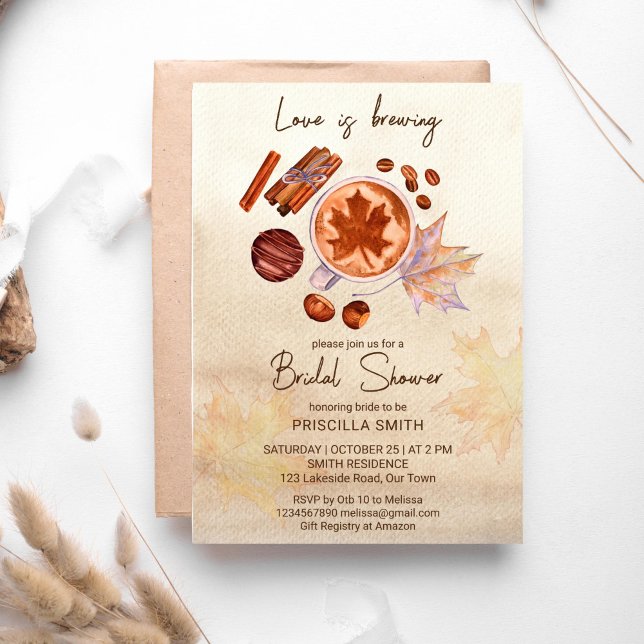 Kärlek brinner hösthösten möhippa inbjudningar (Fall bridal shower template invitation love is brewing cup of hot chocolate cinnamon spice maple)