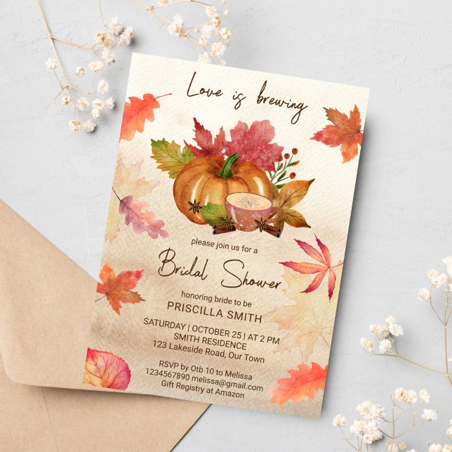 Kärlek brinner hösthösten möhippa inbjudningar (Love is brewing fall bridal shower template invitation watercolor pumpkin cup of tea maple leaves)