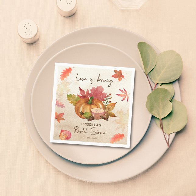 Kärlek brinner hösthösten möhippa pappersservett (Love is brewing fall autumn bridal shower monogrammed customized napkins template personalized decor)