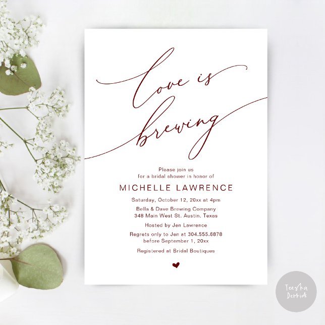 Kärlek brinner, Möhippa Party Firande Inbjudningar (Love is Brewing, Bridal Shower Beer Party Wine Tasting Invitation Card PDF Contemporary Burgundy Red)