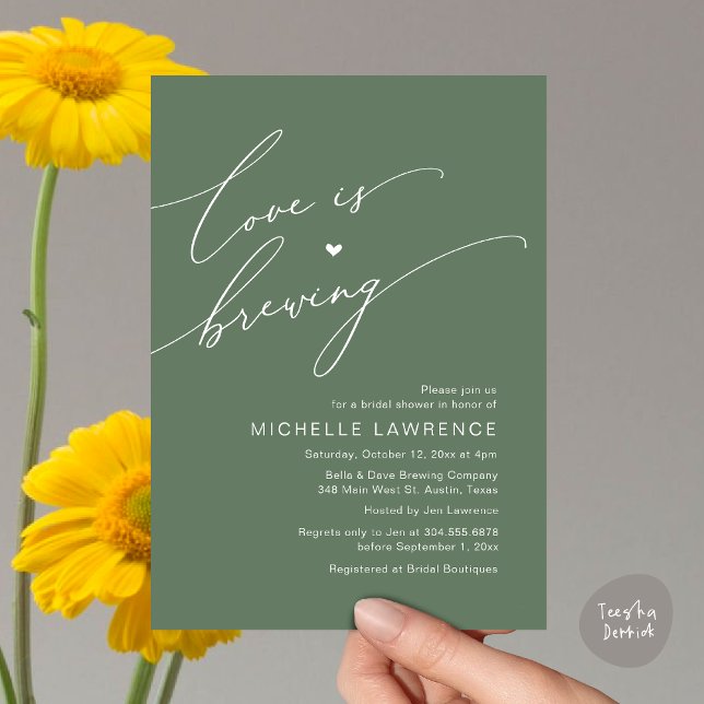 Kärlek brinner, Möhippa Party Firande Inbjudningar (Love is Brewing, Bridal Shower Beer Party Wine Tasting Invitation Card PDF Contemporary Sage Green)