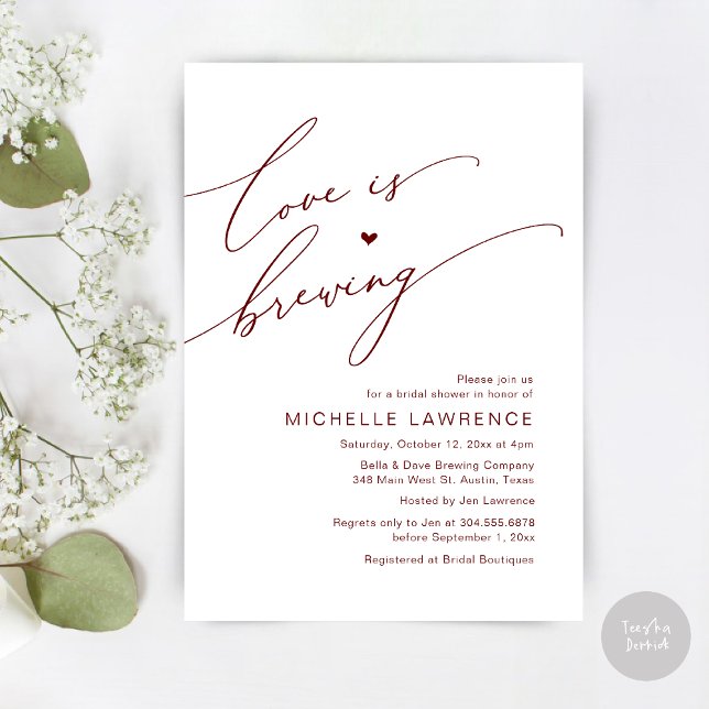 Kärlek brinner, Möhippa Party Firande Inbjudningar (Love is Brewing, Bridal Shower Beer Party Wine Tasting Invitation Card PDF Contemporary Burgundy Red)