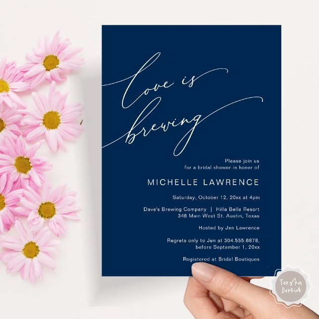 Kärlek brinner, Möhippa Party Firande Inbjudningar (Love is Brewing, Bridal Shower Party Celebration Invitation Card, PDF, Navy Blue)