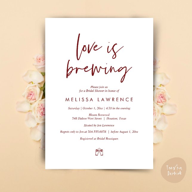 Kärlek brinner, Perfekt Möhippa Beer Party Inbjudningar (Love is brewing, Perfect Bridal Shower Beer Party Invitation Card PDF Burgundy Wine Red)