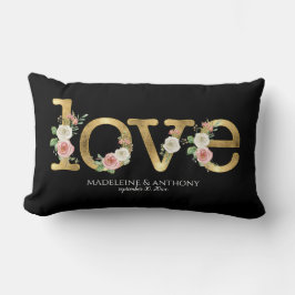 Kärlek Bröllop Akvarell Blommig Svart Guld Namn Lumbarkudde
