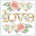 Kärlek Bröllop Honeymoon Watercolor Blommigt w Gul Klistermärken<br><div class="desc">Vattenskärtda vattenfärgsbilder har alabaster vit vild ro med  blommor av rosa och omgiven av löv blad och bär. En ord-teckningstext av "kärlek" dekoreras också med samma blommigt. Copyright,  Audrey Jeanne Roberts.</div>