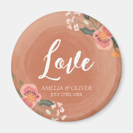 Kärlek Brown Wood och Blommigt Rustic Bröllop Magnet