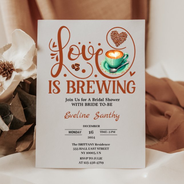 Kärlek brygger Cappuccino Hjärtbröllopsfest Inbjudningar (love is brewing coffee theme wedding bridal shower heart bean brown greenery cup chic elegant simple)