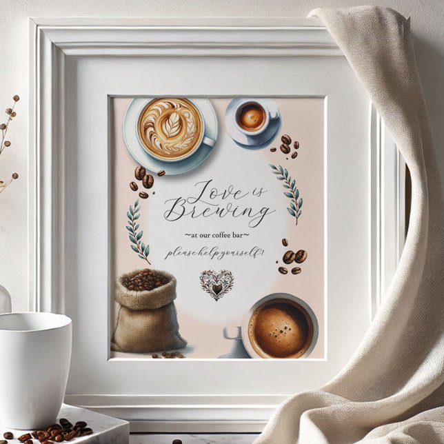 Kärlek brygger kaffe Bar Bordskylt Poster (Bridal shower supplies coffee bar sign Love is Brewing theme)