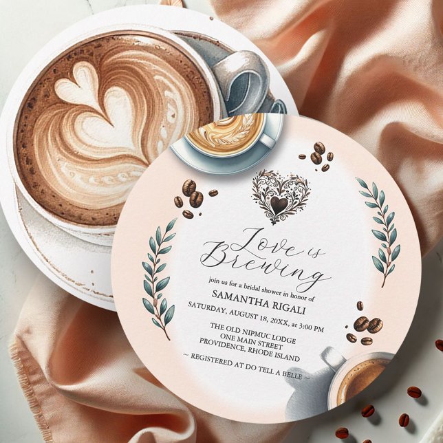 Kärlek brygger kaffe Bröllopsdusch Rund Inbjudningar (Round coffee bridal shower invitations love is brewing by Victoria Grigaliunas Do Tell A Belle)