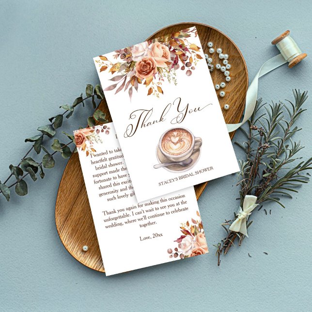 Kärlek brygger kaffe höst bröllopsfest tack kort (Love is brewing coffee fall bridal shower thank you card cappuccino boho flowers thank you cards)