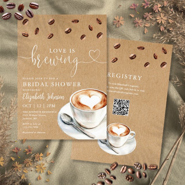 Kärlek brygger kaffe QR-kod Bröllopsdusch Inbjudningar (Love Is Brewing Coffee QR Code Bridal Shower Invitation)