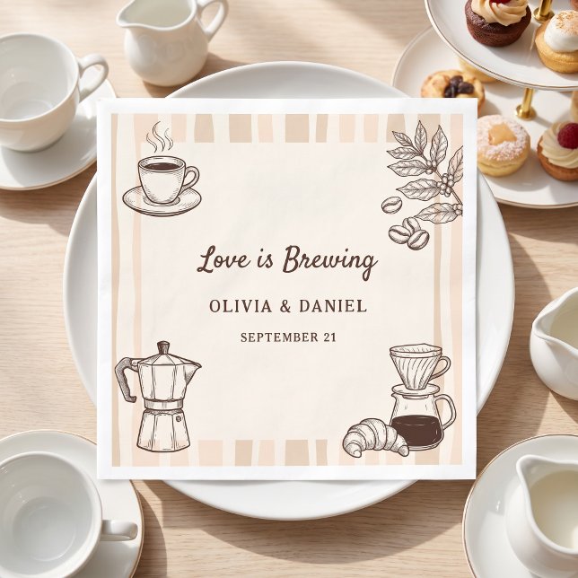 Kärlek brygger kaffemoka bröllopsdusch pappersservett (Love is Brewing Coffee Moka Pot Bridal Shower Napkins)