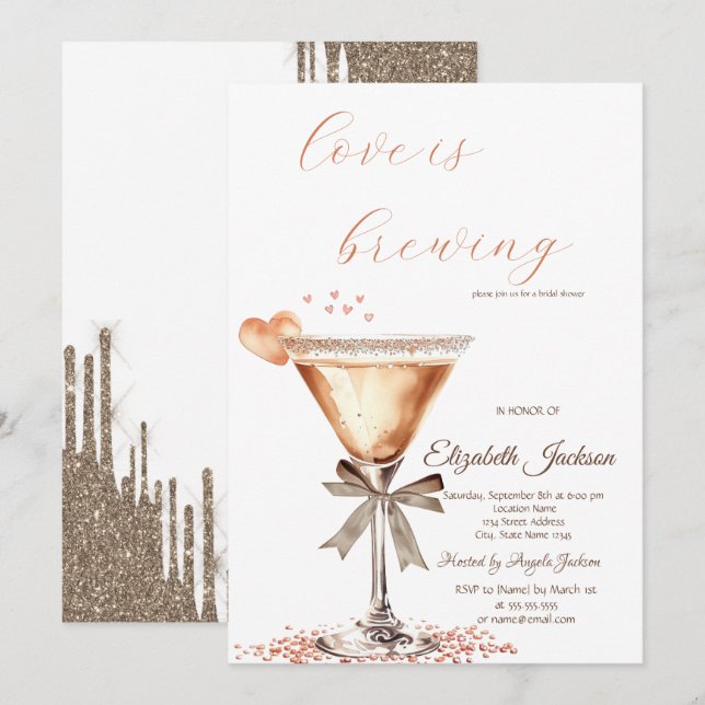Kärlek brygger Martini Heart Glitter Drips  Inbjudningar (Fram/baksida)