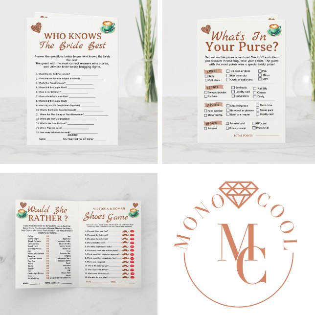 Kärlek bryggs Bröllopsdusch Firande 4 Spel Kul Kort (love is brewing bridal shower party games, warm terracotta, mocha brown, soft neutral tones, winter)