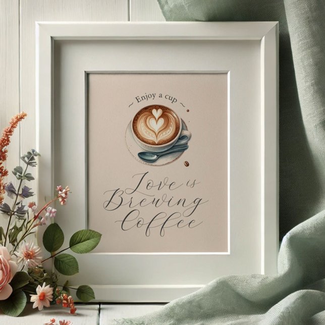 Kärlek bryggs Bröllopsdusch Kaffebar Poster (Coffee bar sign love is brewing theme. Latte with heart shaped foam illustrated. )