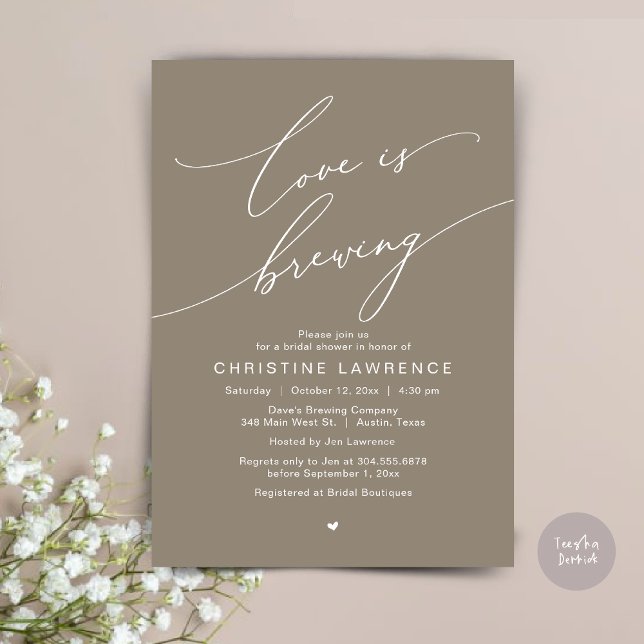 Kärlek bryggs, Bröllopsfestfirande Inbjudningar (Love is Brewing, Bridal Shower Party Beer Wine Tasting Romantic Invites Card Charm Neutral Taupe)