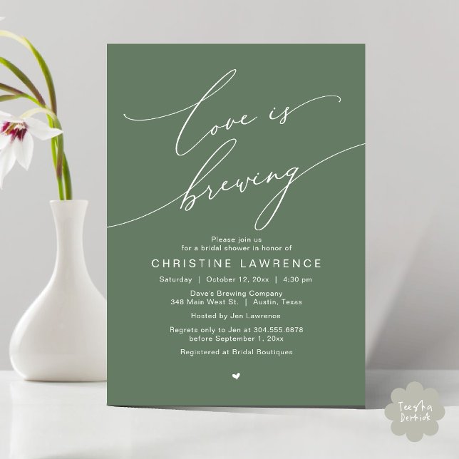Kärlek bryggs, Bröllopsfestfirande Inbjudningar (Love is Brewing, Bridal Shower Party Beer Wine Tasting Romantic Invites Card Charm Rustic Sage Green)