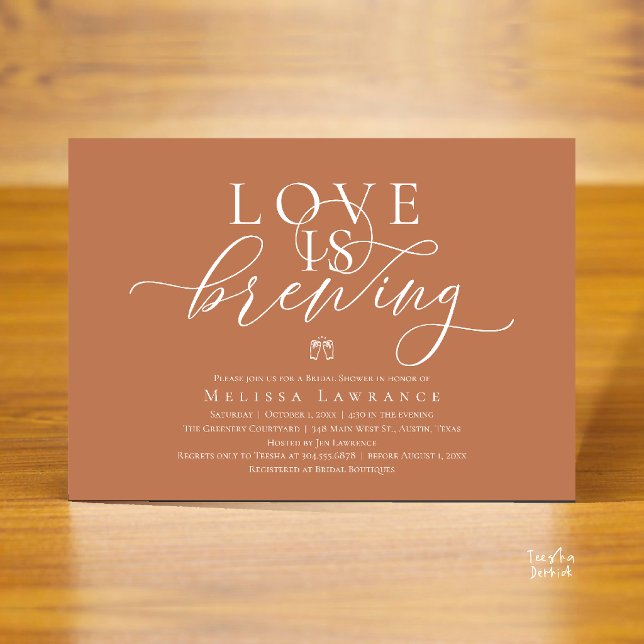 Kärlek bryggs Elegant bröllopsdusch med vackra bok Inbjudningar (Love Is Brewing Modern Classy Elegant Script Bridal Shower Invites Card in Terracotta Brown Copper)