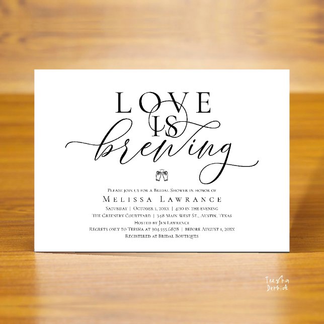 Kärlek bryggs Elegant bröllopsdusch med vackra typ Inbjudningar (Love Is Brewing Modern Classy Elegant Script Bridal Shower Invitation Card in Black and White)