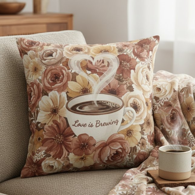 Kärlek bryggs Floral kaffe hjärta Bröllopsdusch Kudde (Love is Brewing Floral Coffee Heart Bridal Shower Throw Pillow
)