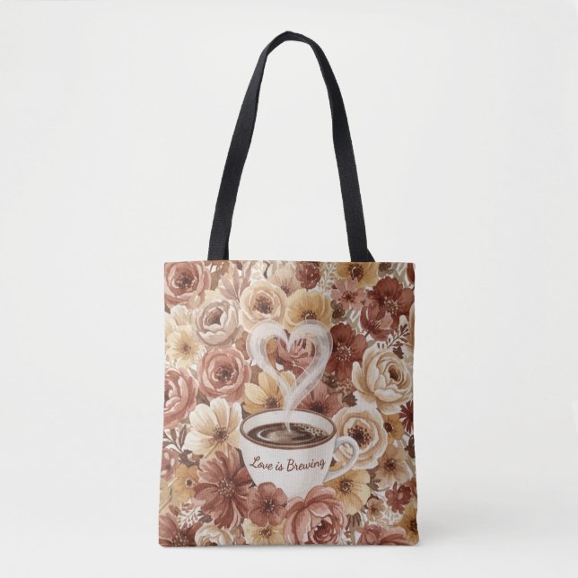 Kärlek bryggs Floral kaffe hjärta Bröllopsdusch Tygkasse (Framsida)