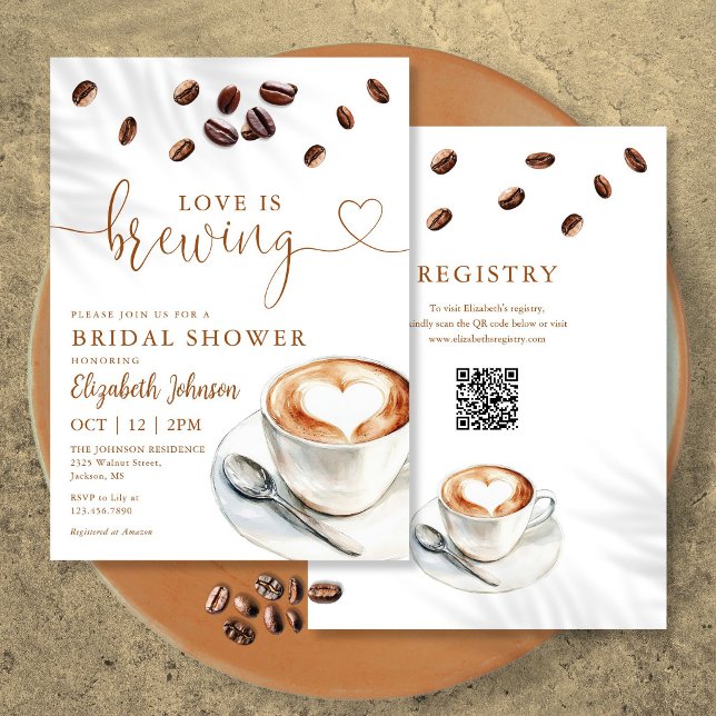 Kärlek bryggs Kaffe QR-kod Bröllopsdusch Inbjudningar (Love Is Brewing Coffee QR Code Bridal Shower Invitation)