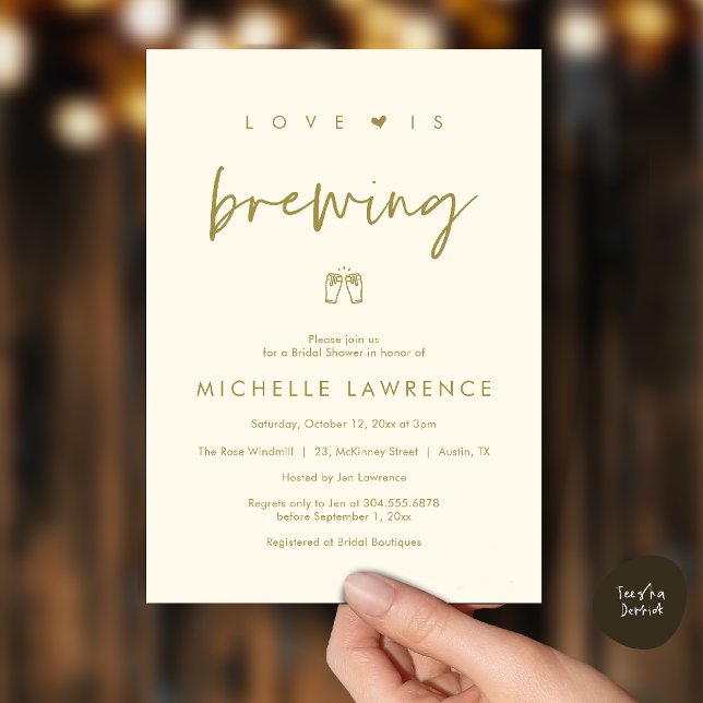 Kärlek bryggs, Ölfest, Bröllopsdusch Inbjudningar (Love is brewing, Beer Party, Bridal Shower Invites card, booze love laughter, in yellow gold)