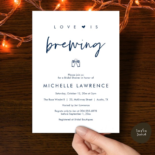 Kärlek bryggs, Ölfest, Bröllopsfest Inbjudningar (Love is brewing, Beer Party, Bridal Shower Invites card, booze love laughter, in navy blue)