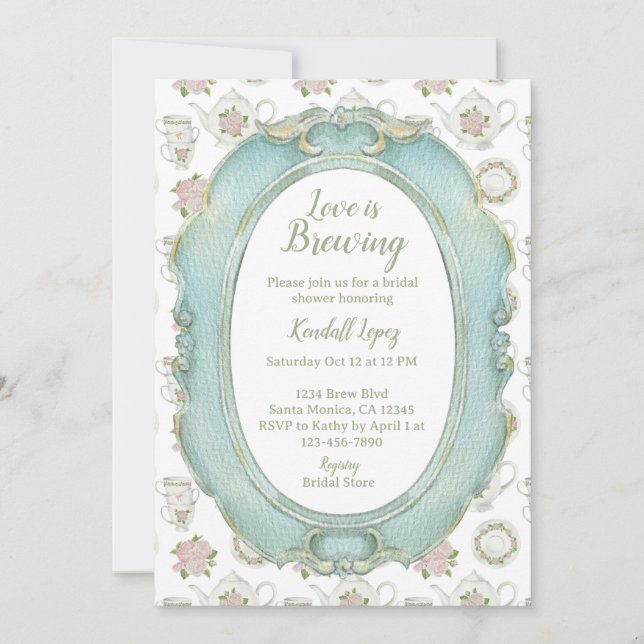 Kärlek bryggs Vintage Tea Bröllopsdusch  Inbjudningar (Framsida)