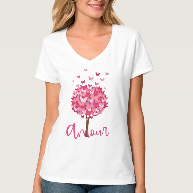 Kärlek Butterfly Träd - Romantiska Fransken Kärlek T Shirt (Framsida)