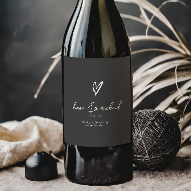 Kärlek Calligraphy Tack Heart White B&W ID940 Vinflaska Etikett (Skapare uppladdad)