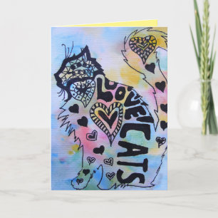 Kärlek Cats Kattunge Watercolor och Bläck Birday C Kort