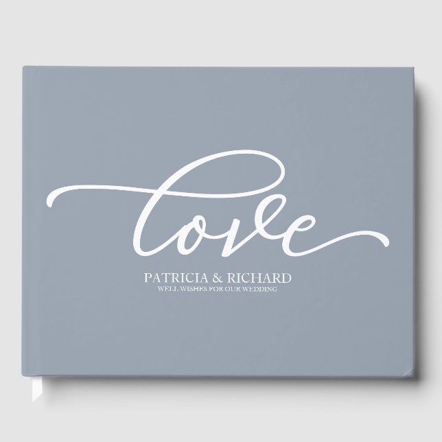 Kärlek Chic Skript Dammig Blå Bröllop Gästböcker (Framsida)