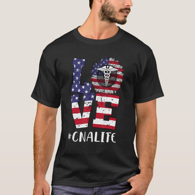 Kärlek Cna Life Nurse 4:e juli American Flagga Pat T Shirt (Framsida)