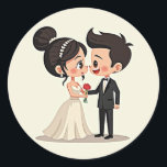 Kärlek Connection Bröllop Sticker Runt Klistermärke<br><div class="desc">Charming tecknad-dekal med lycklig-brud och -groom som utbyter röd ros,  perfekt för bröllop och romantiskt tillfälle.</div>