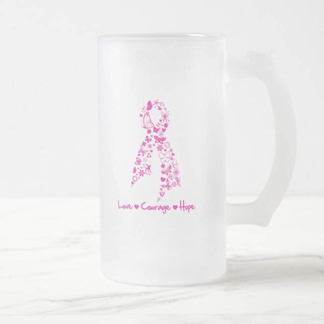 Kärlek Courage Hope Butterfly Ribbon - Breast Canc Frostat Ölglas (Höger)